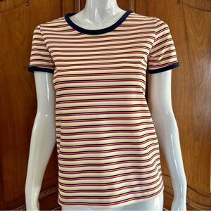 Vintage Top 60’s Stripe Polyester Shirt Short Sleeve Pullover Blouse Size M